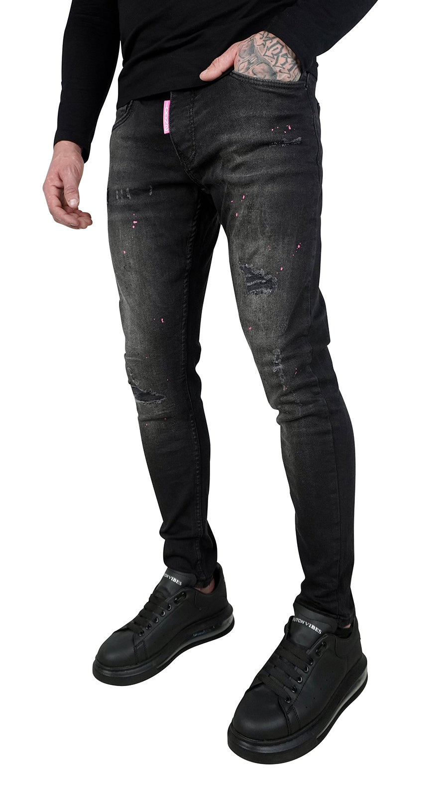 THE ICON PINK SPATTED JEANS - DARK GREY