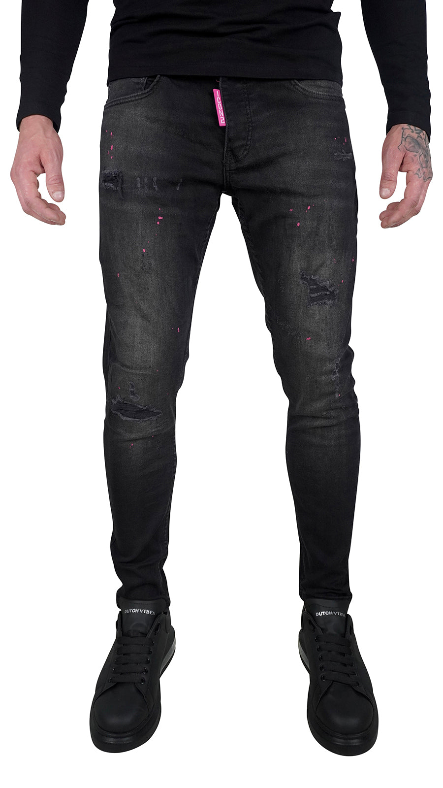 THE ICON PINK SPATTED JEANS - DARK GREY