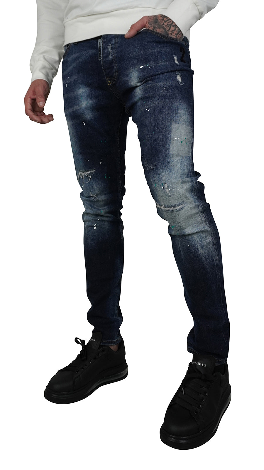 THE ICON GREEN SPATTED JEANS - DARK BLUE