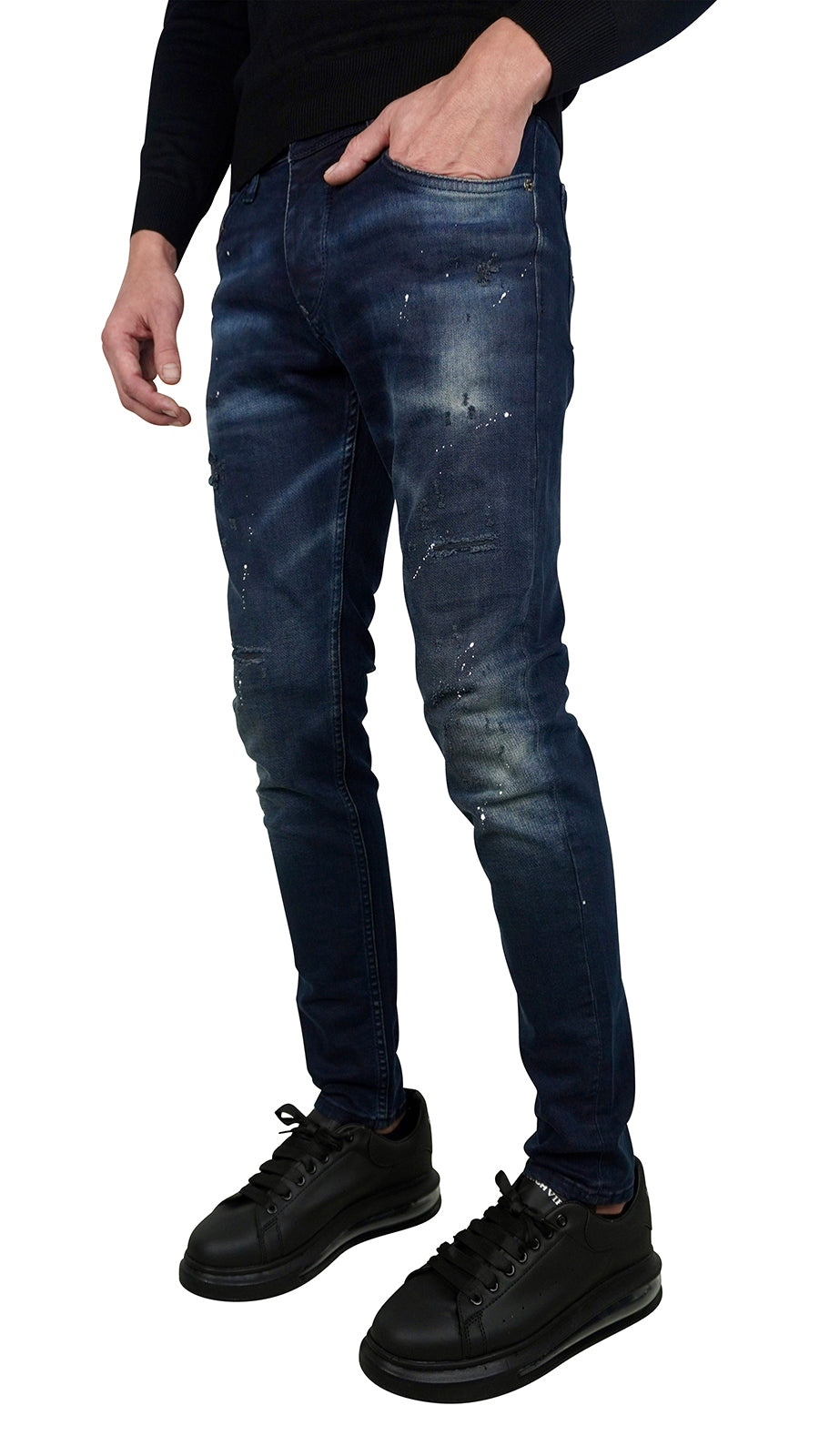 THE MIKES WHITE SPATTED JEANS - DARK BLUE
