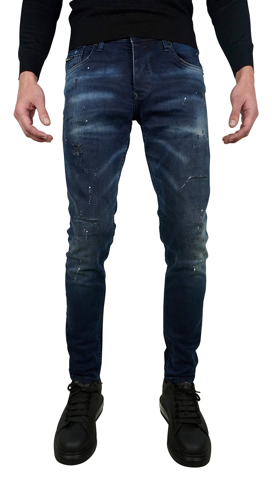 THE MIKES WHITE SPATTED JEANS - DARK BLUE