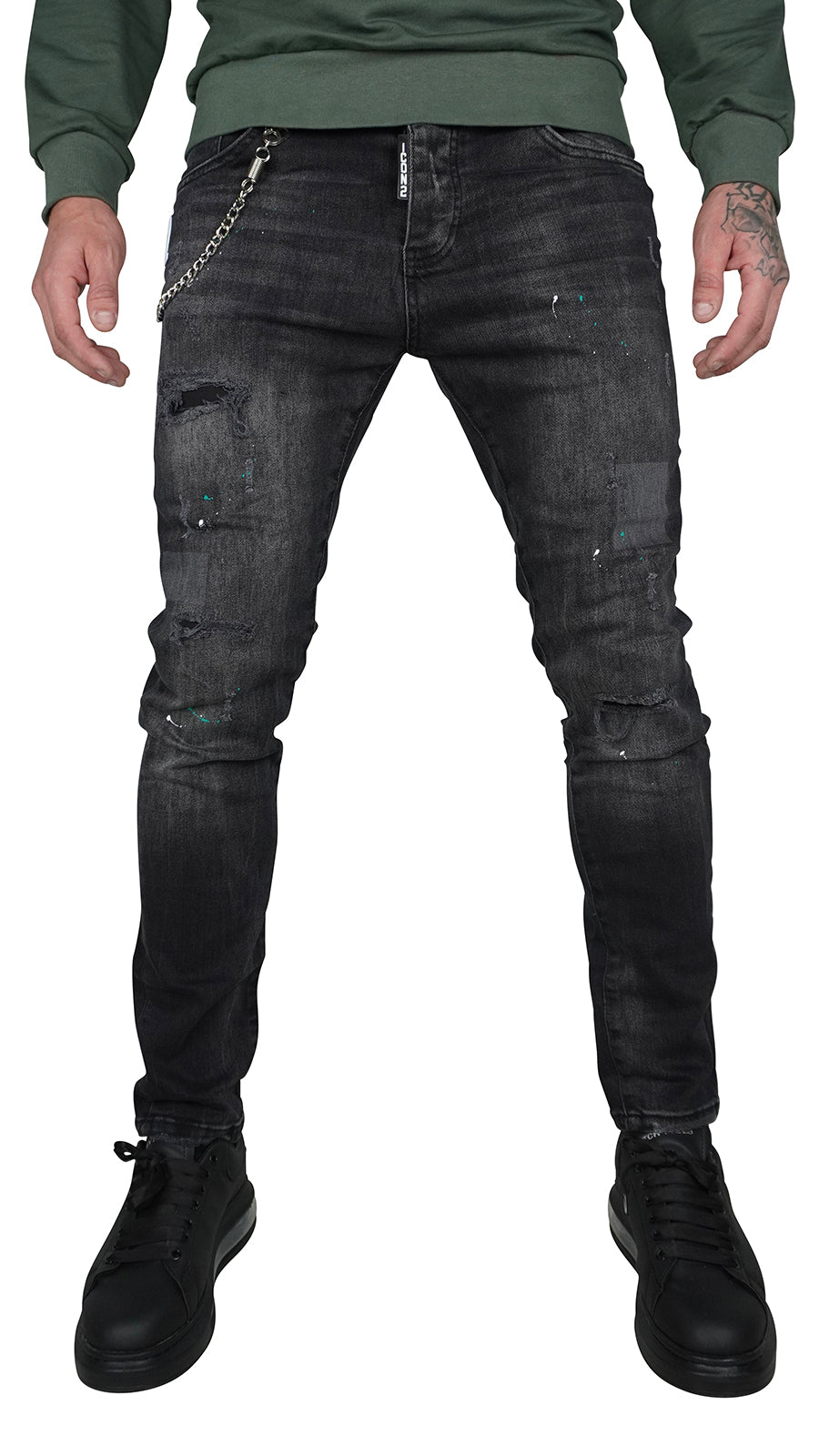 THE ICON GREEN SPATTED JEANS - DARK GREY
