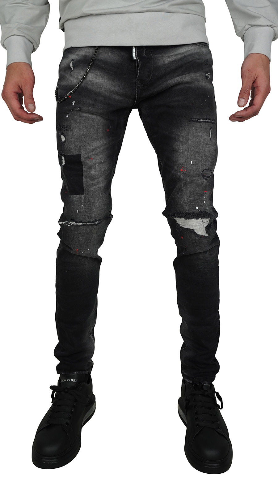 THE ICON RED SPATTED JEANS - DARK GREY