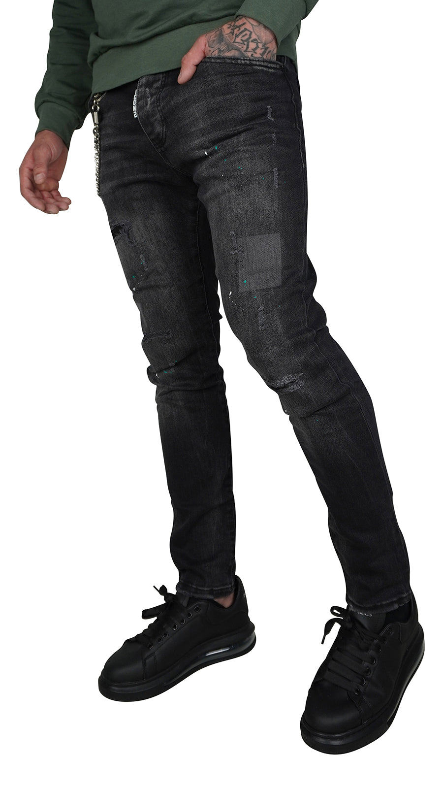 THE ICON GREEN SPATTED JEANS - DARK GREY